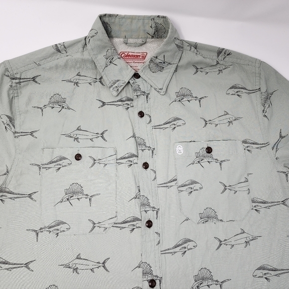 Coleman Men's Guide Short Sleeve Green Button-down Fish‎ Shirt Medium - Picture 2 of 13